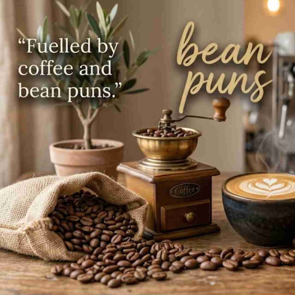 Coffee bean puns image featuring a latte, coffee grinder, and premium beans with a social-media-friendly coffee quote.