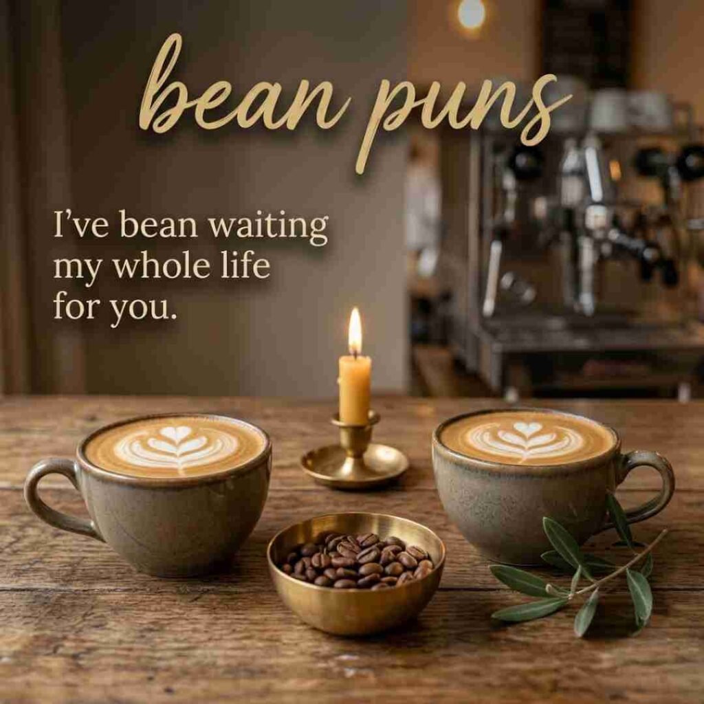 Romantic bean puns image with two cappuccinos and coffee beans arranged in a cosy cafe setting with a love-inspired quote.