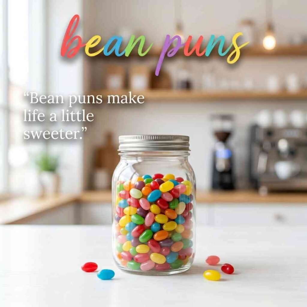 Colourful jelly bean image with bean puns text and a cheerful sweet-themed quote displayed in a clean photography-style setting.