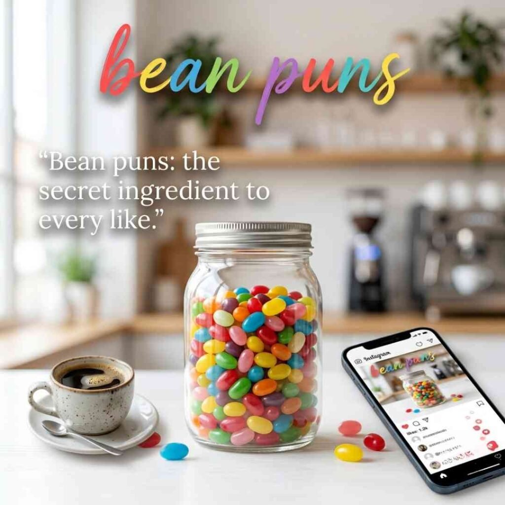 Bean humour image showing coffee beans, smartphone, and coffee cup with a social-media-inspired bean puns message that gets likes.