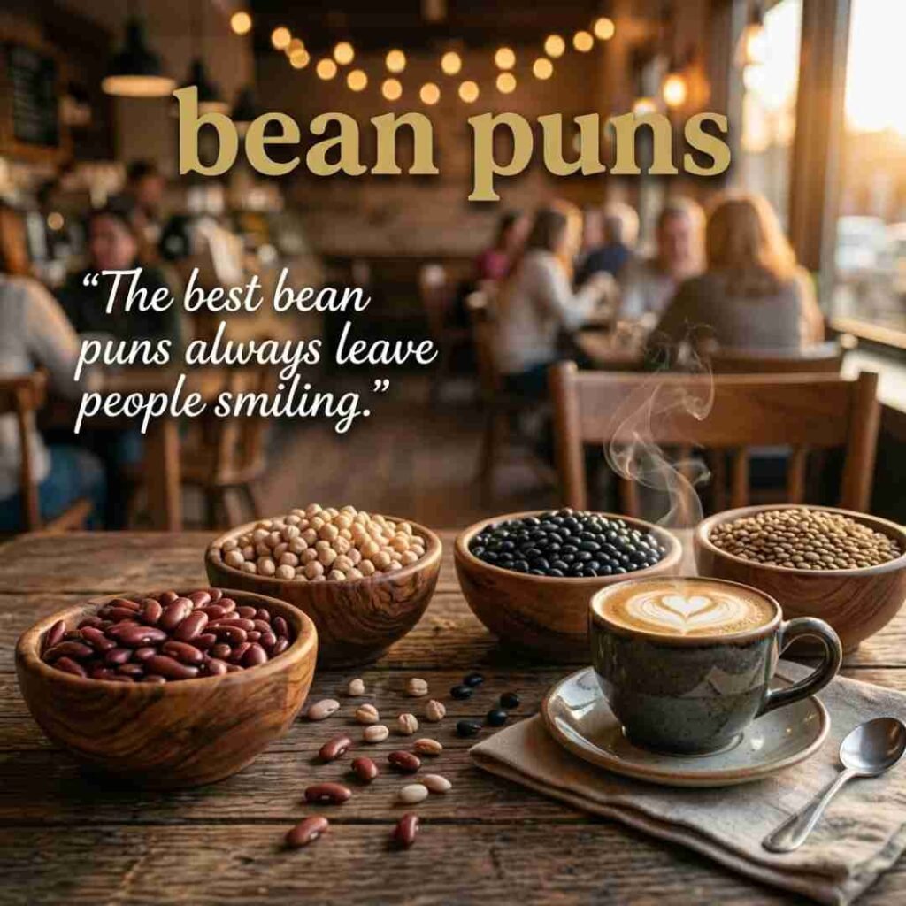 The best bean puns image featuring assorted beans in wooden bowls with warm golden lighting and a cheerful bean joke quote.