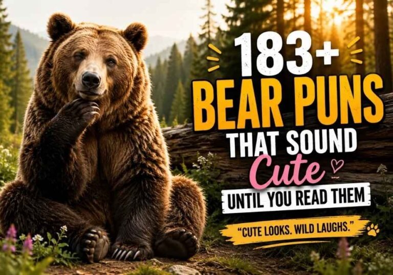 Bear Puns featured image with a realistic brown bear in a cinematic forest setting and golden-hour wildlife photography.