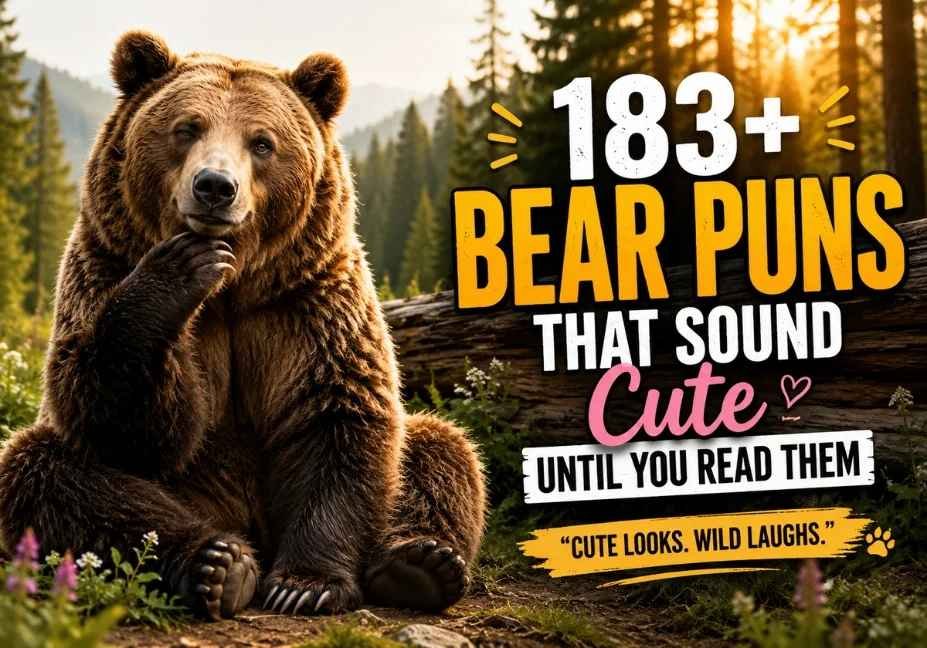 Bear Puns featured image with a realistic brown bear in a cinematic forest setting and golden-hour wildlife photography.