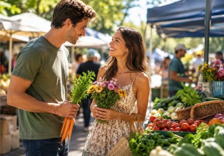 A cheerful couple laughing at a colorful outdoor farmers market while using funny farmers market pick up lines surrounded by fresh fruits, vegetables, and flowers.
