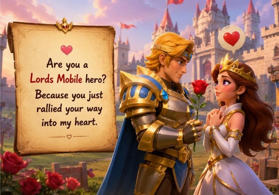 Lords Mobile pick up lines inspired fantasy couple with a romantic castle backdrop, knight giving a rose to a princess beside a funny pick up line scroll in a colorful medieval game world.