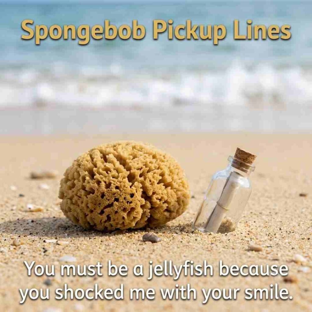 Funny beach-themed Spongebob Pickup Lines with a sea sponge and message bottle.