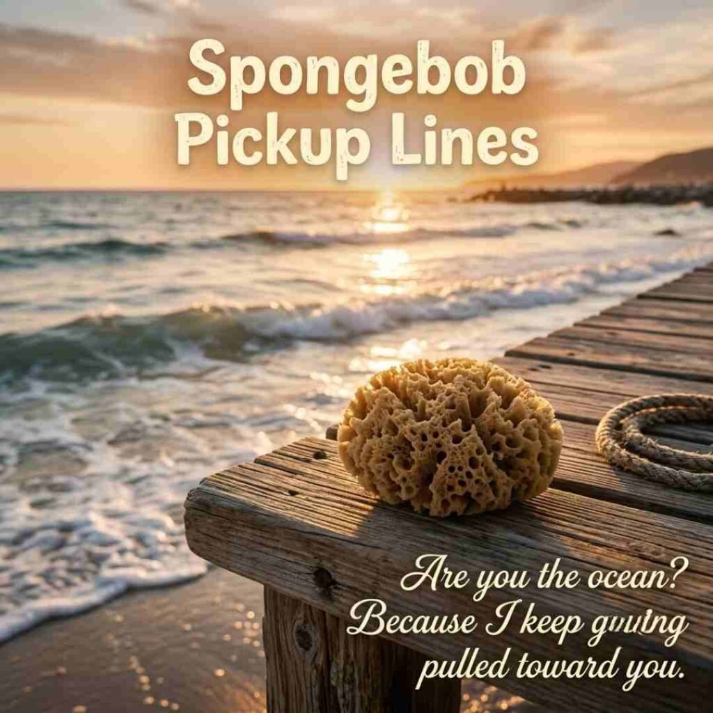 Spongebob Pickup Lines featured with a natural sea sponge on a sunlit beach dock.