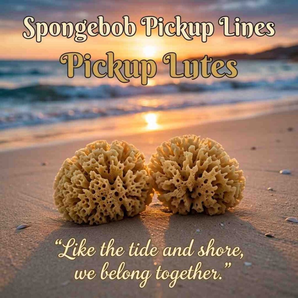 Romantic seaside setting with Spongebob Pickup Lines and two natural sea sponges.