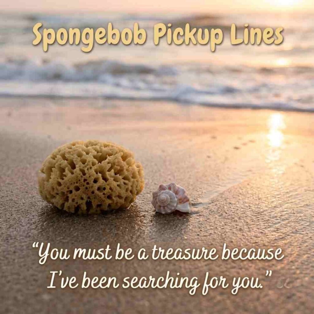 Sea sponge and shell on a beach featuring playful Spongebob Pickup Lines text.