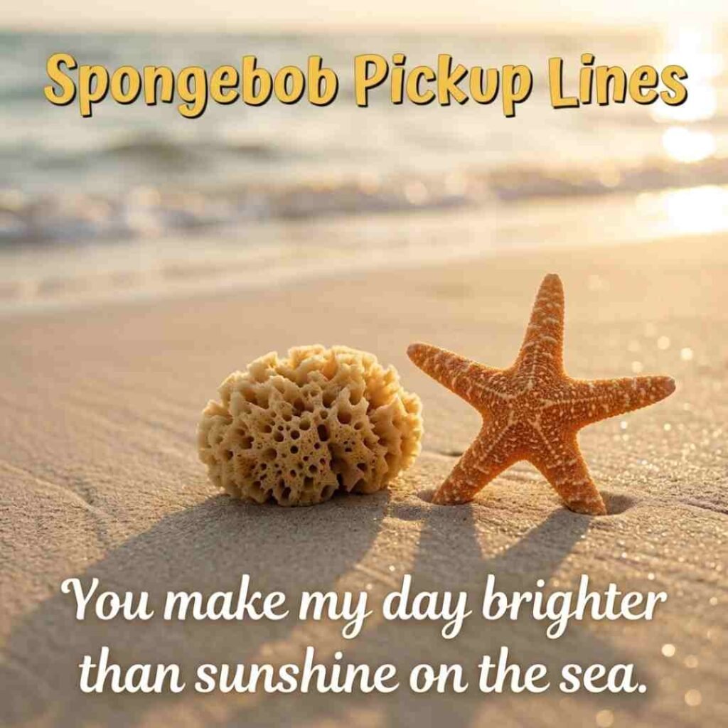 Cute beach scene with starfish and Spongebob Pickup Lines in warm sunlight.