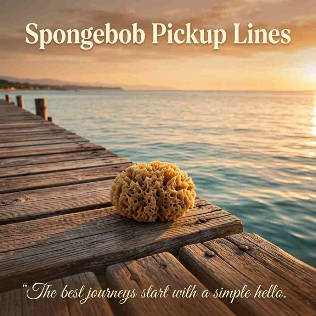 Best Spongebob Pickup Lines showcased with a sea sponge on a scenic ocean pier.