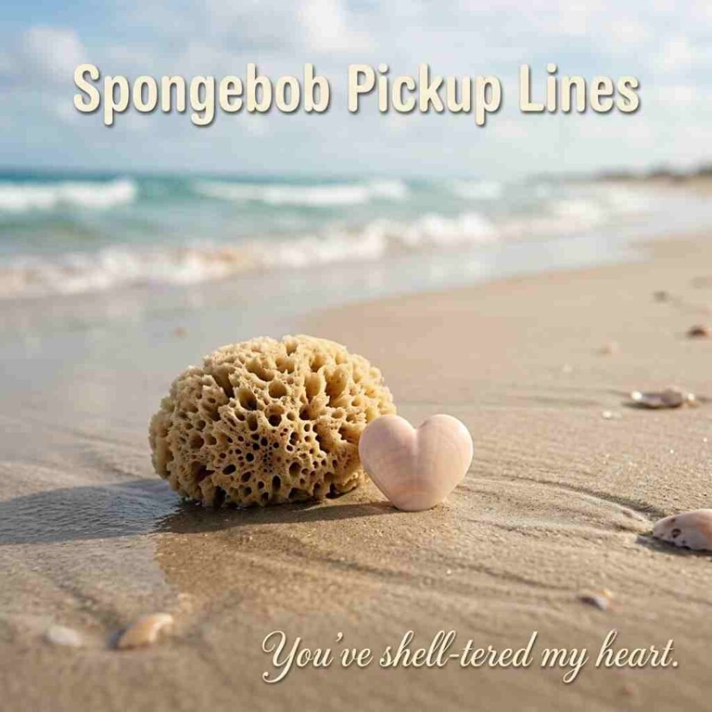 Beach photography featuring a heart-shaped shell and Spongebob Pickup Lines text.