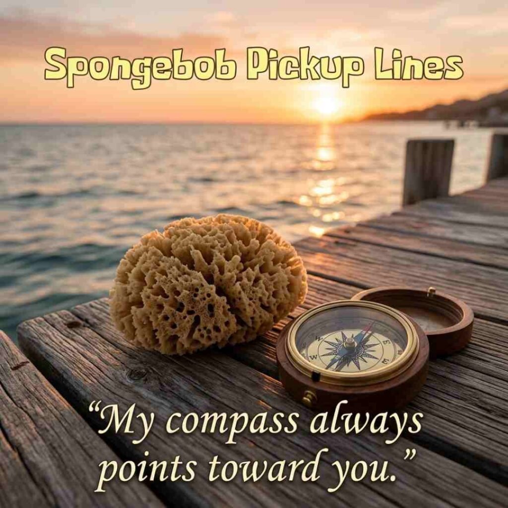 Witty Spongebob Pickup Lines displayed with a sea sponge and nautical compass.
