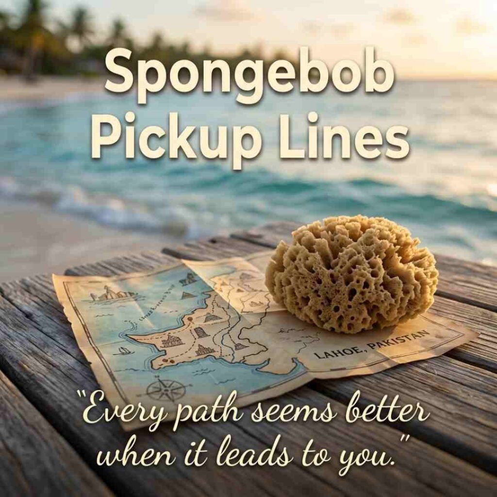 Sea sponge and coastal map with clever Spongebob Pickup Lines in a beach setting.