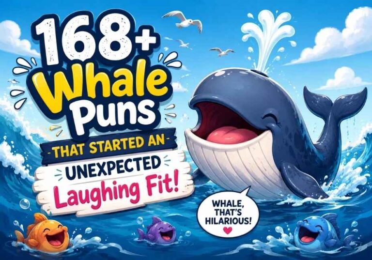 Best Whale Puns illustration with a smiling whale, splashing water, and vibrant ocean scenery designed for a funny Whale Puns blog post