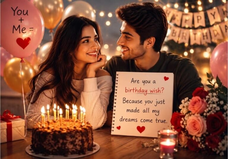 "Romantic birthday celebration featuring a couple smiling with cake, balloons, candles, gifts, and a sweet birthday pickup line, perfect for a blog about birthday pickup lines."