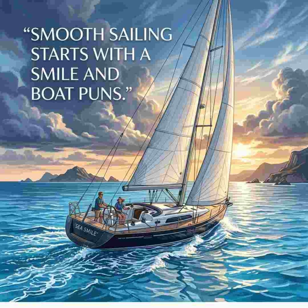 Boat Puns sailing image showing a sleek sailboat gliding across crystal-blue water.