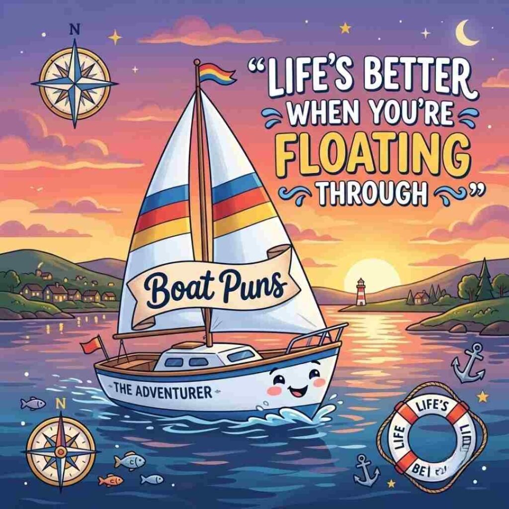 Boat Puns illustration featuring a smiling sailboat cruising on calm ocean water at sunset.