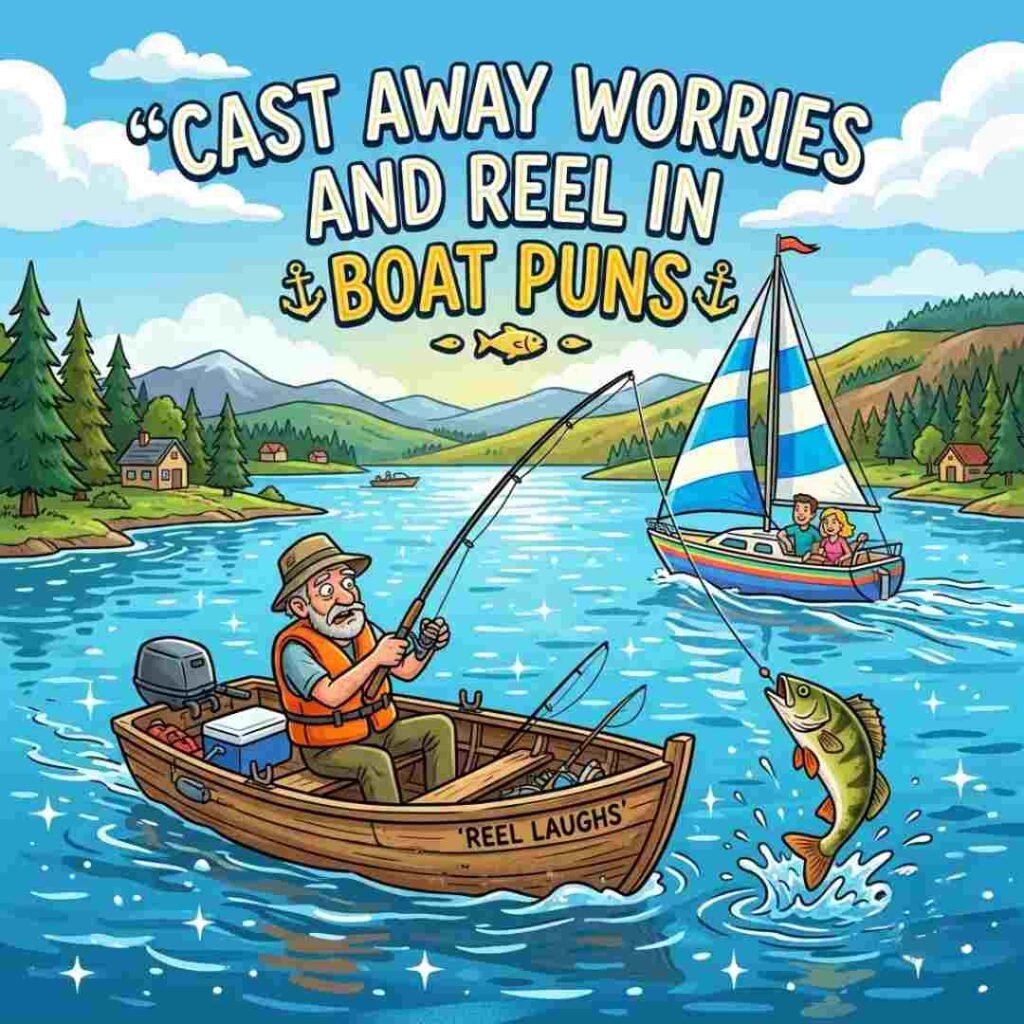 Boat Puns image featuring a fishing boat, fisherman, and sailboat on a peaceful lake.
