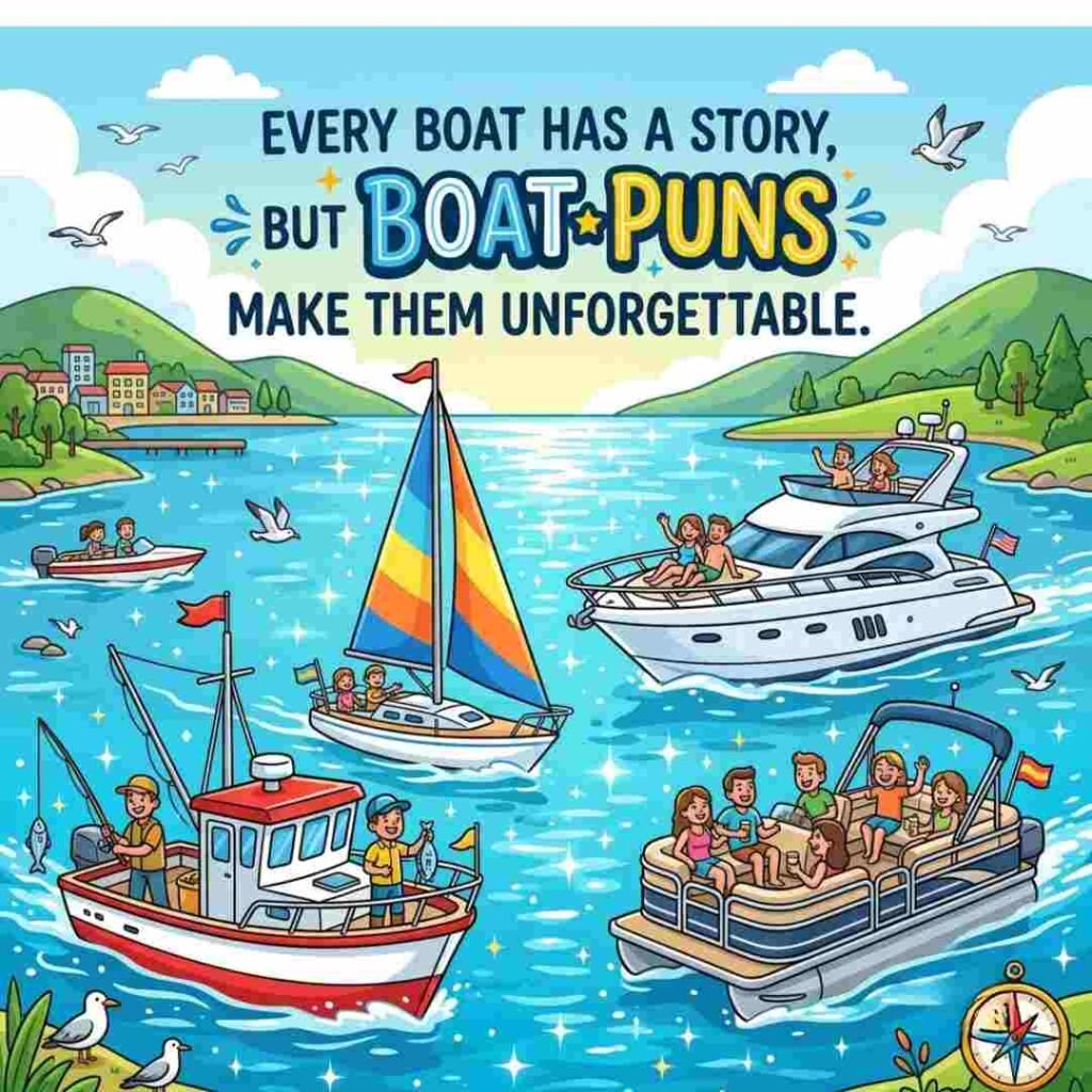 Boat Puns graphic showing a sailboat, yacht, fishing boat, and pontoon on the water.