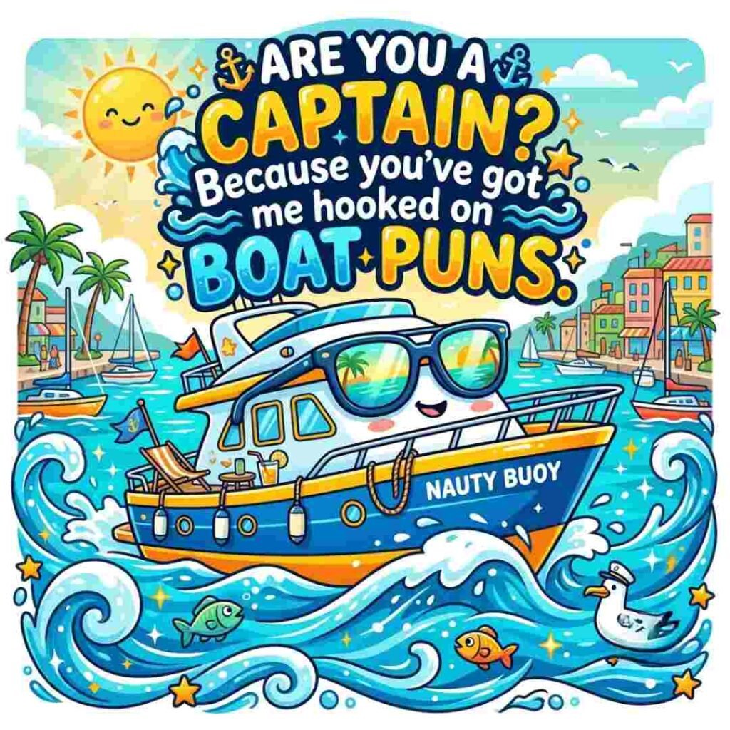 Funny Boat Puns image with a cartoon yacht wearing sunglasses on bright blue waves.