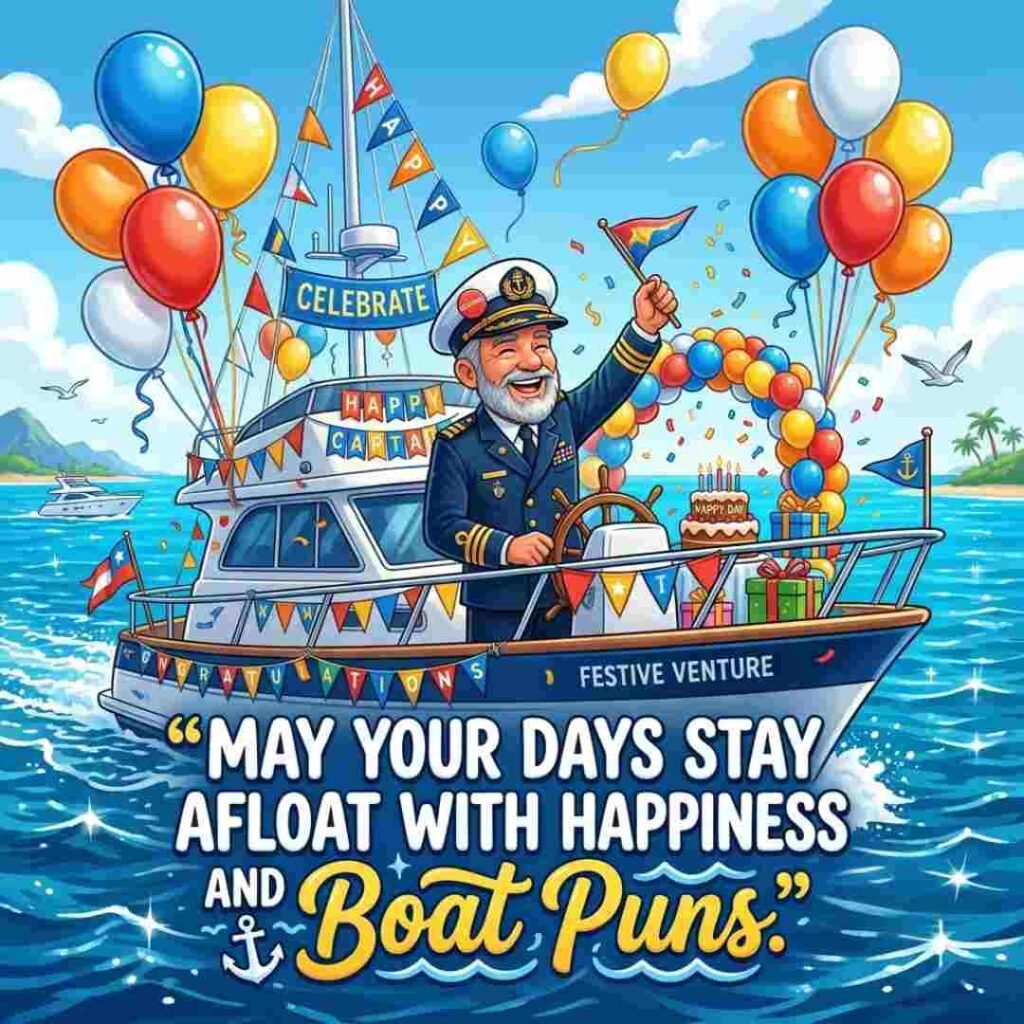 Boat Puns celebration image with a happy captain, festive decorations, and ocean backdrop.