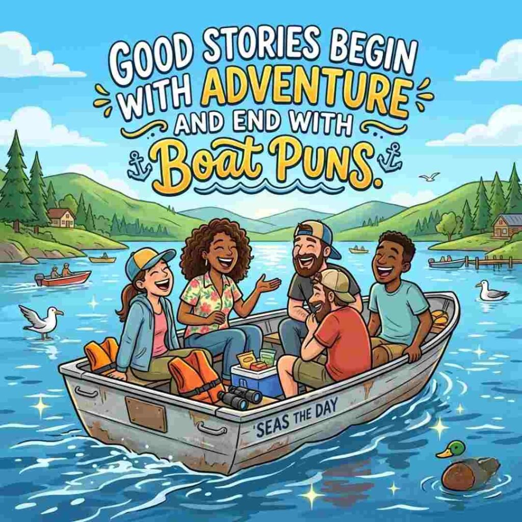Boat Puns artwork featuring friends laughing together on a boat during a lake adventure.