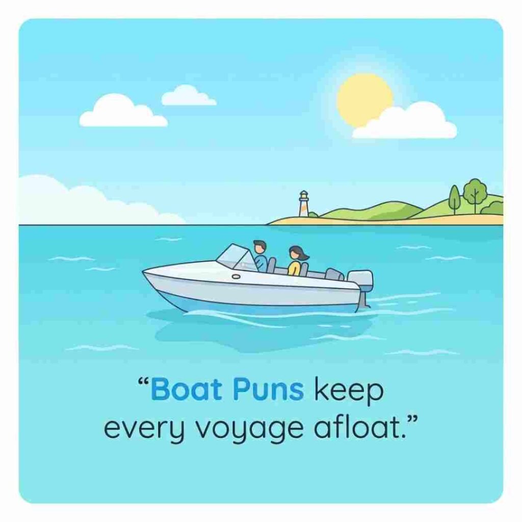 Boat Puns minimalist graphic with a small motorboat floating on calm water.