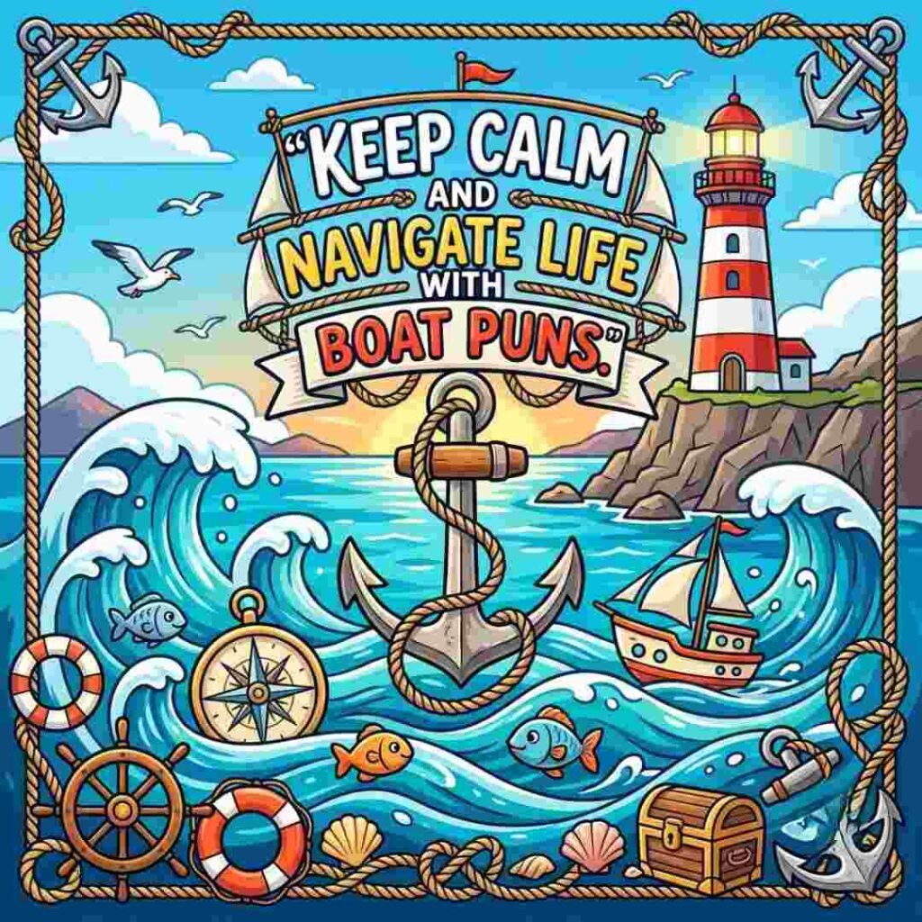 Boat Puns nautical illustration with anchors, lighthouse, ropes, and ocean waves.