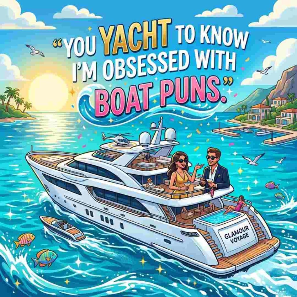 Boat Puns yacht illustration featuring a luxury yacht sailing on a sunny ocean.
