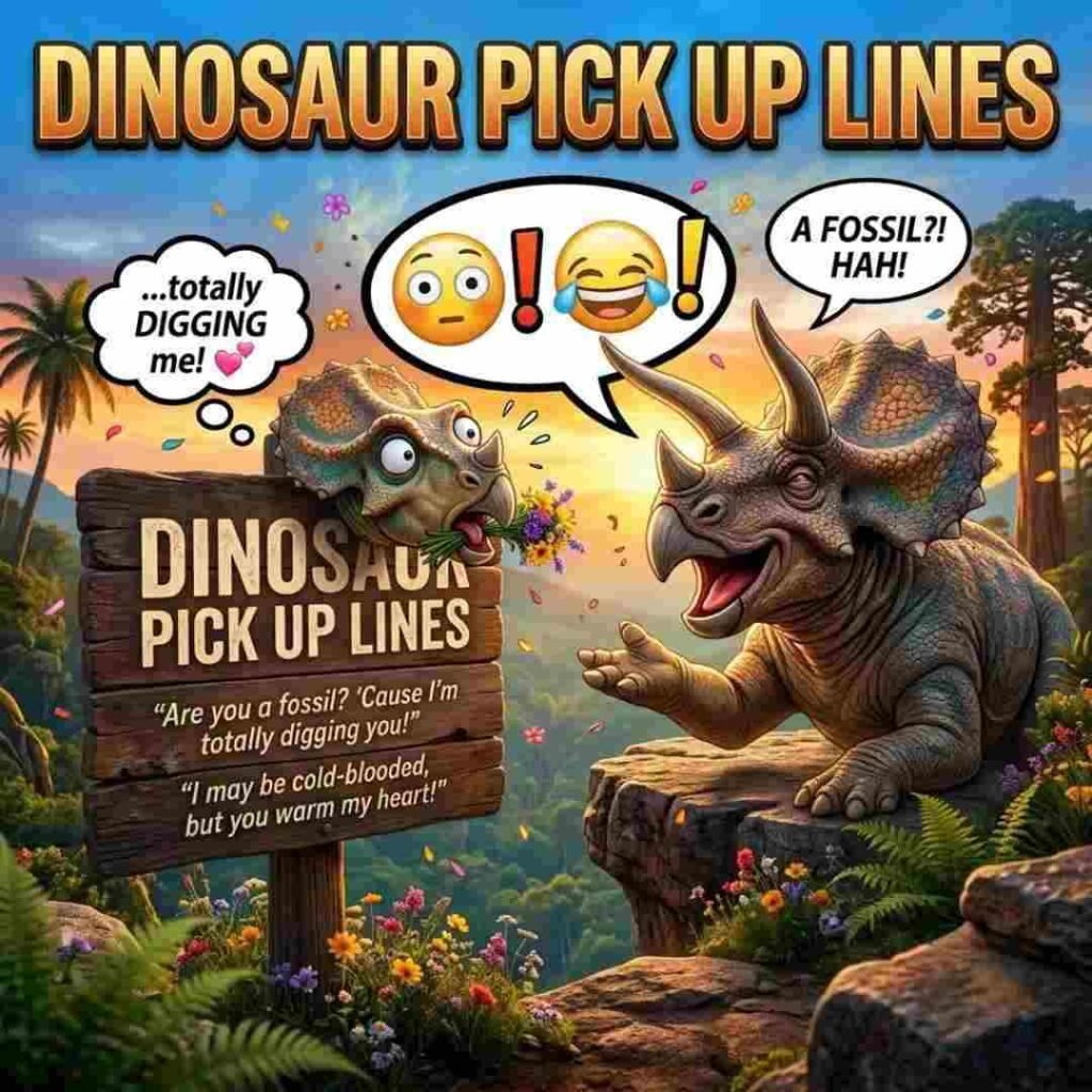 Cartoon triceratops laughing at funny dinosaur pick up lines with speech bubbles