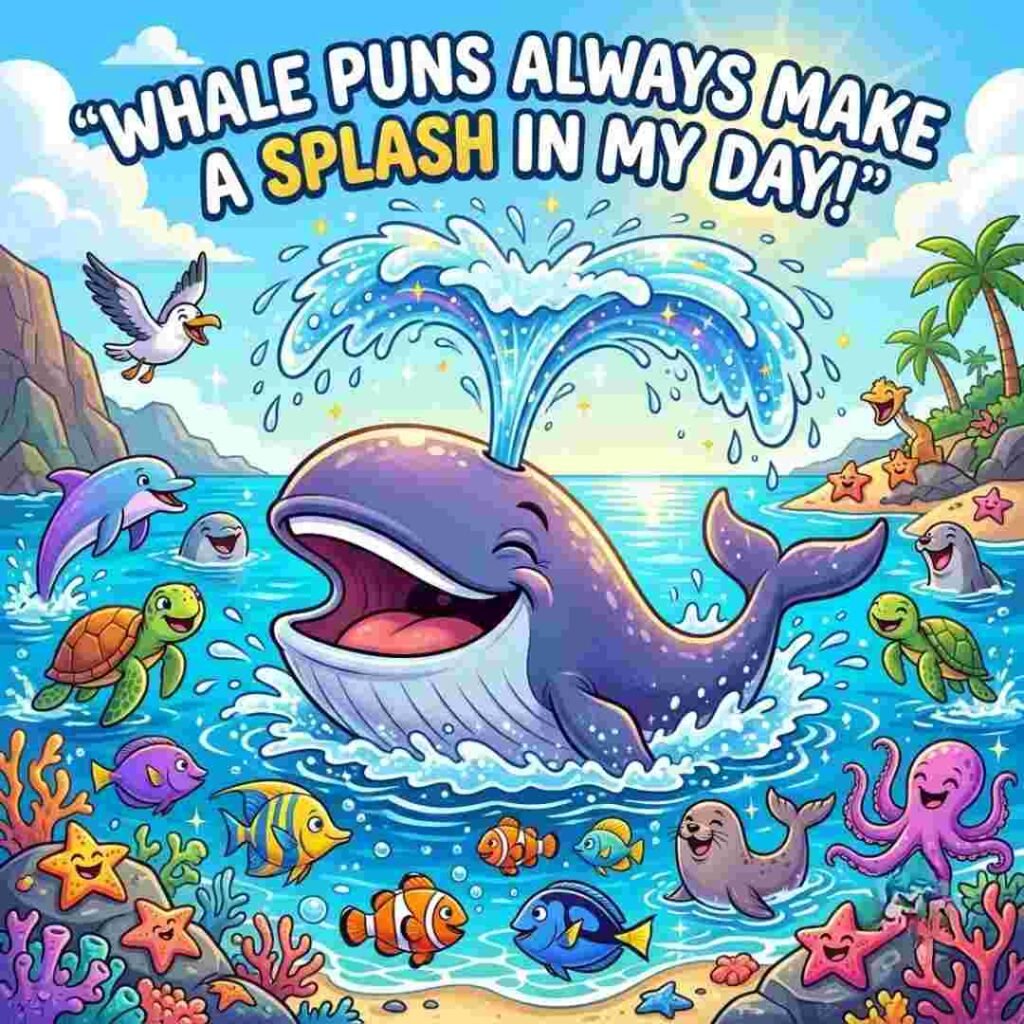 Whale puns cartoon whale spraying water and making ocean friends laugh in a colorful sea scene.