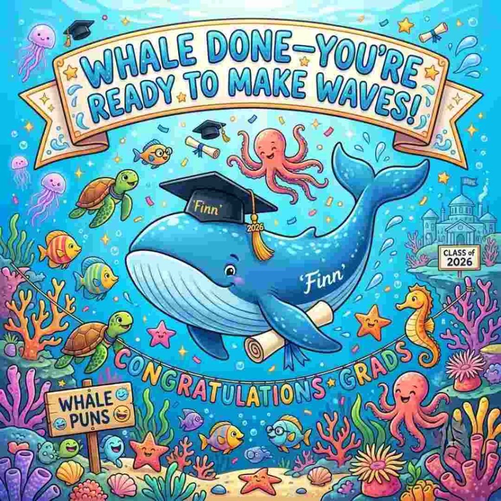 Whale puns graduation illustration featuring a whale in a cap holding a diploma underwater.