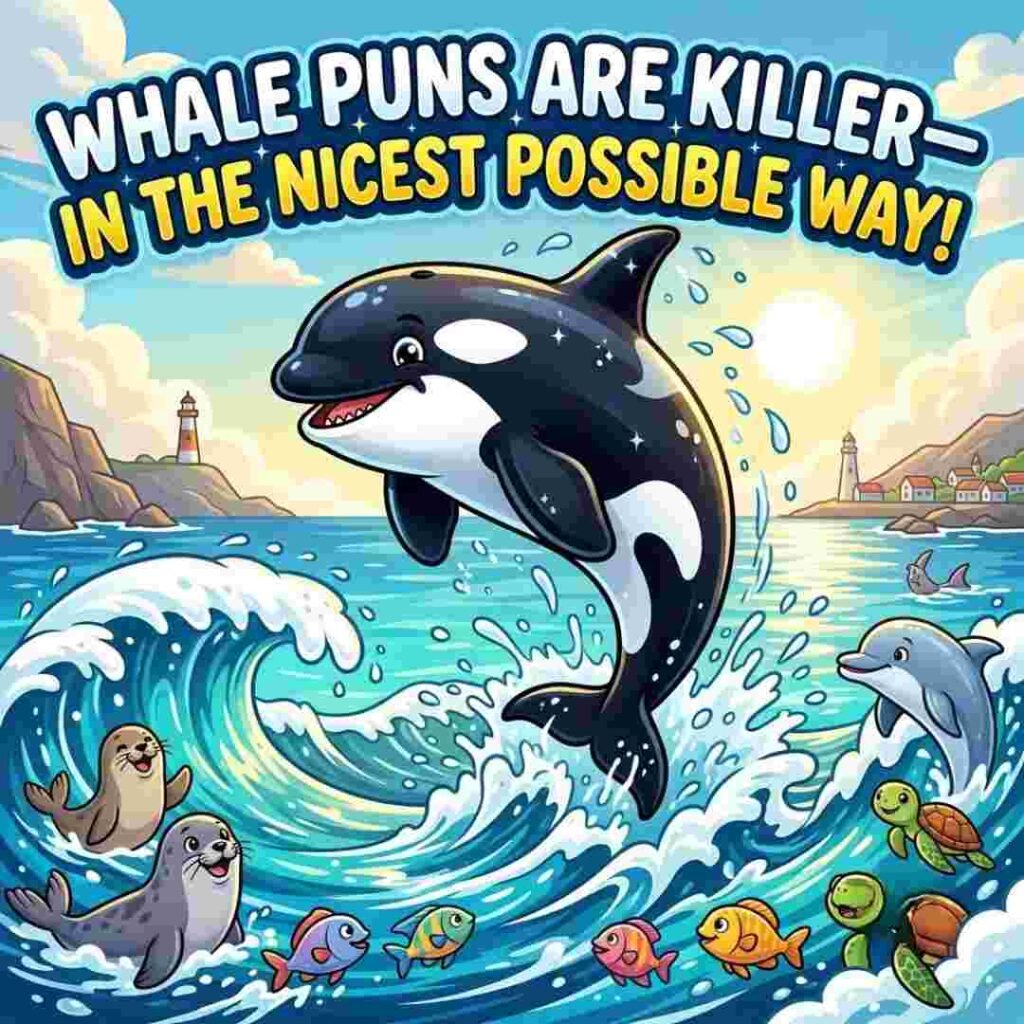 Whale puns artwork showing a playful killer whale jumping above sparkling ocean waves.

4. Whale Dad Jokes