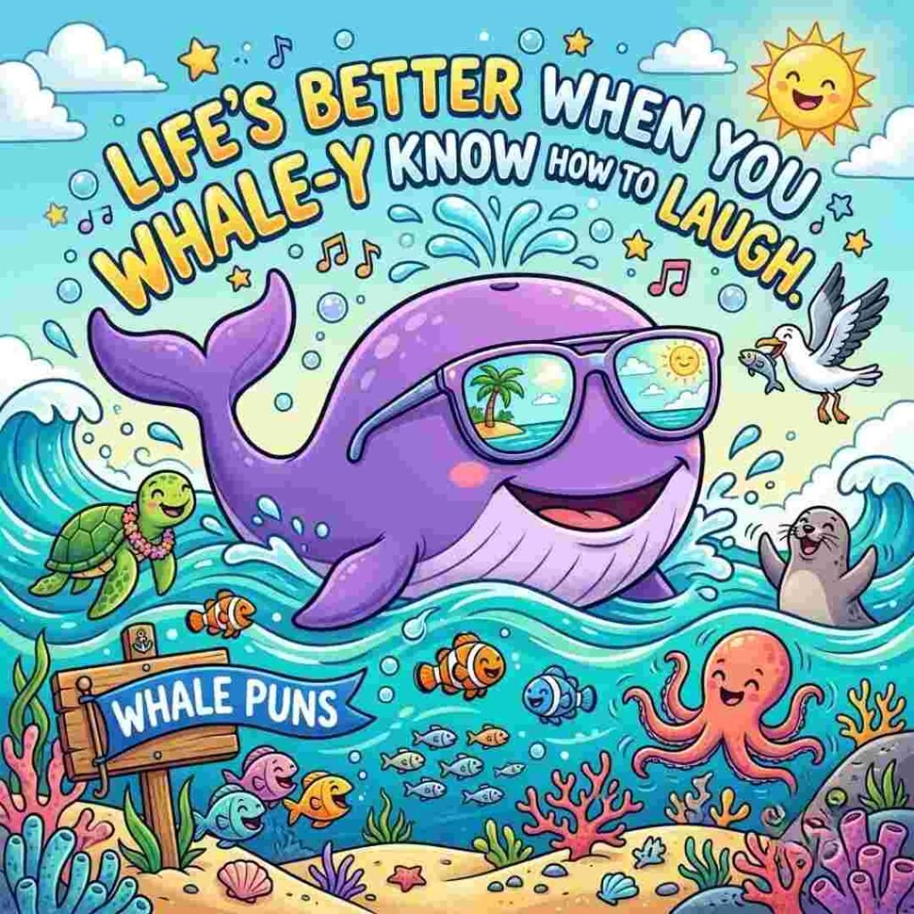 Funny Whale puns illustration featuring a cool whale with sunglasses in a bright ocean setting.