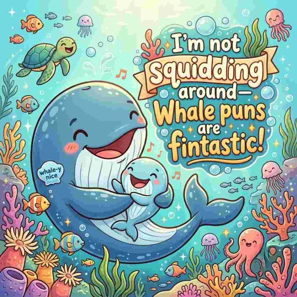 Whale puns family illustration with a father whale and baby whale sharing a funny joke.