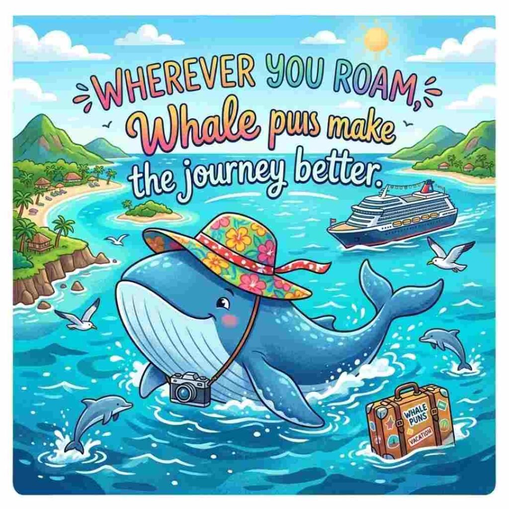 Travel-themed Whale puns illustration featuring a vacation whale near tropical islands.