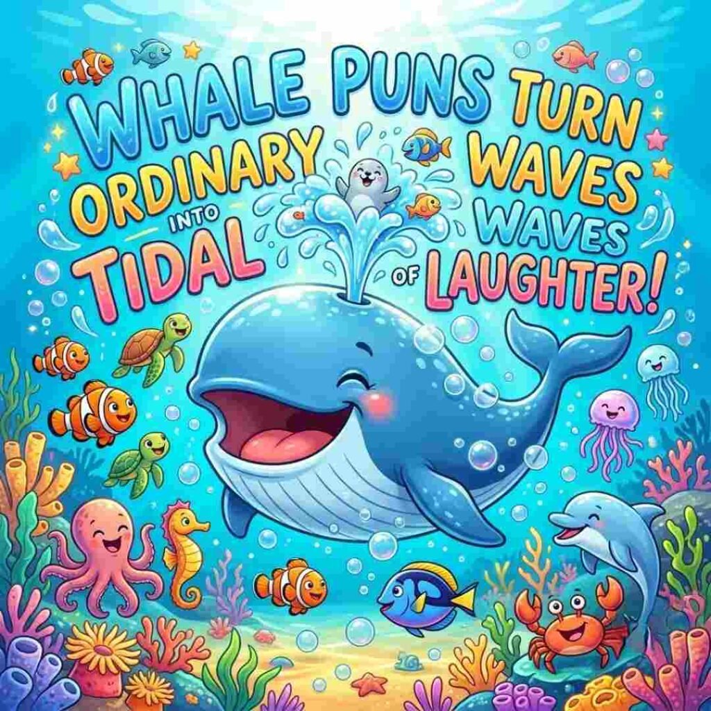 Whale puns quote illustration with a laughing blue whale and playful underwater scene.