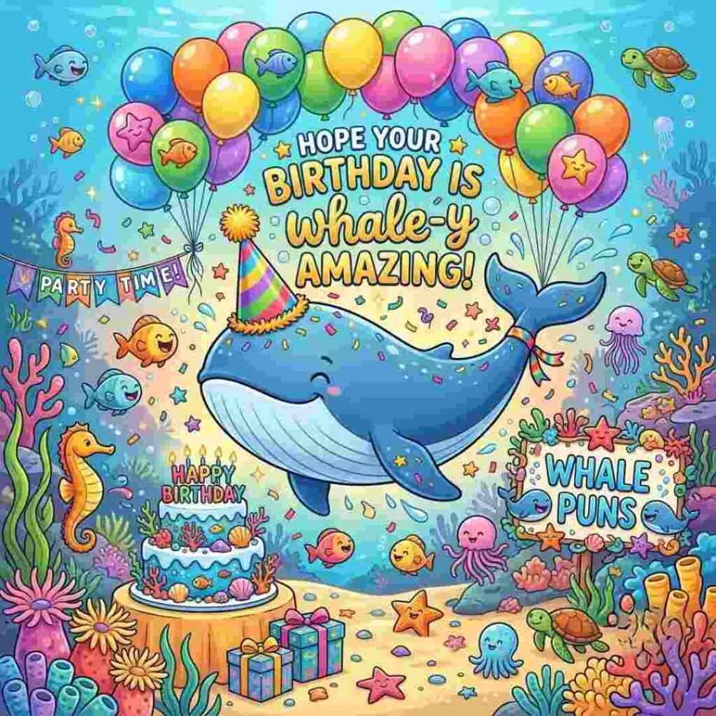 Whale puns birthday illustration with a party whale, cake, balloons, and confetti.