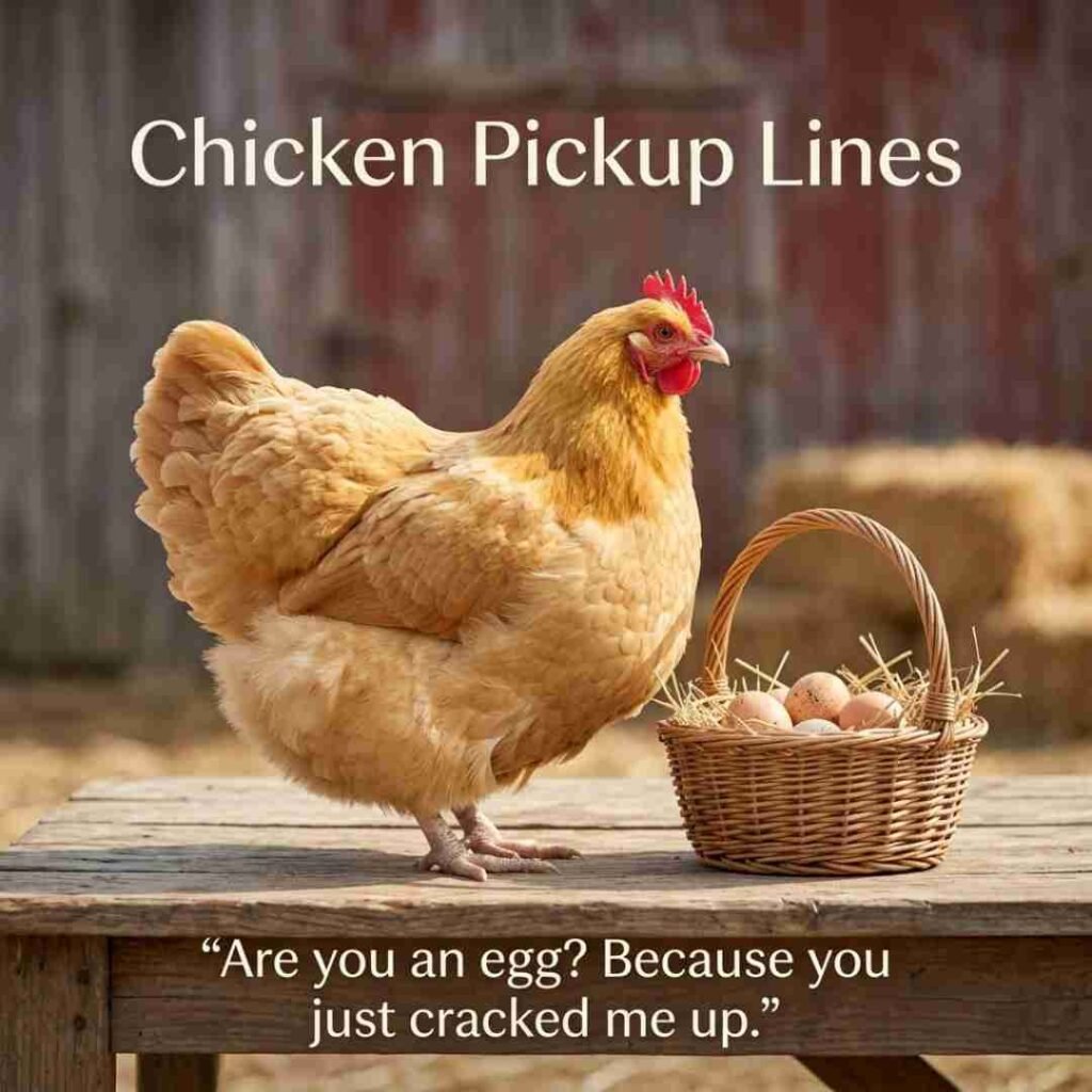 Funny farm scene with a hen and Chicken Pickup Lines displayed in natural daylight.
