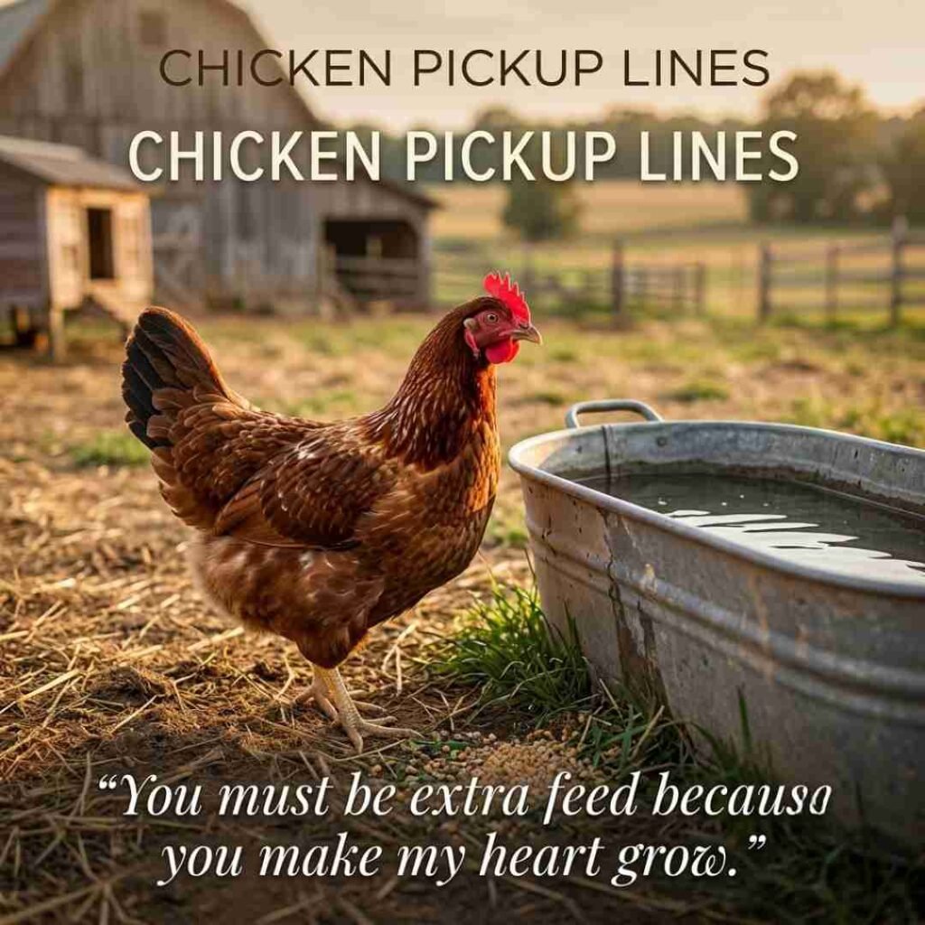 Healthy chicken in a sunny farmyard with playful Chicken Pickup Lines text.