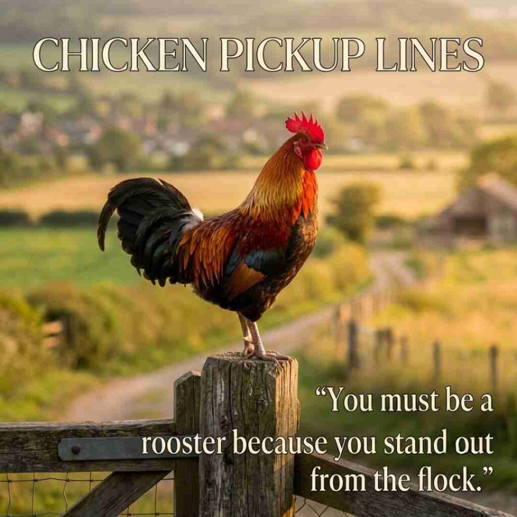 Rooster standing proudly in a field with Chicken Pickup Lines displayed prominently.