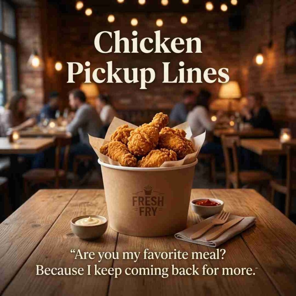 Chicken Pickup Lines shown with a crispy chicken meal in a cozy restaurant setting.