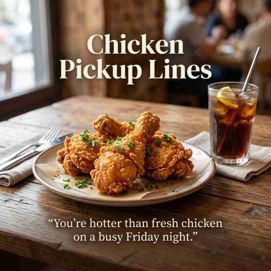 Cute chicken meal scene with a funny quote and Chicken Pickup Lines integrated naturally.