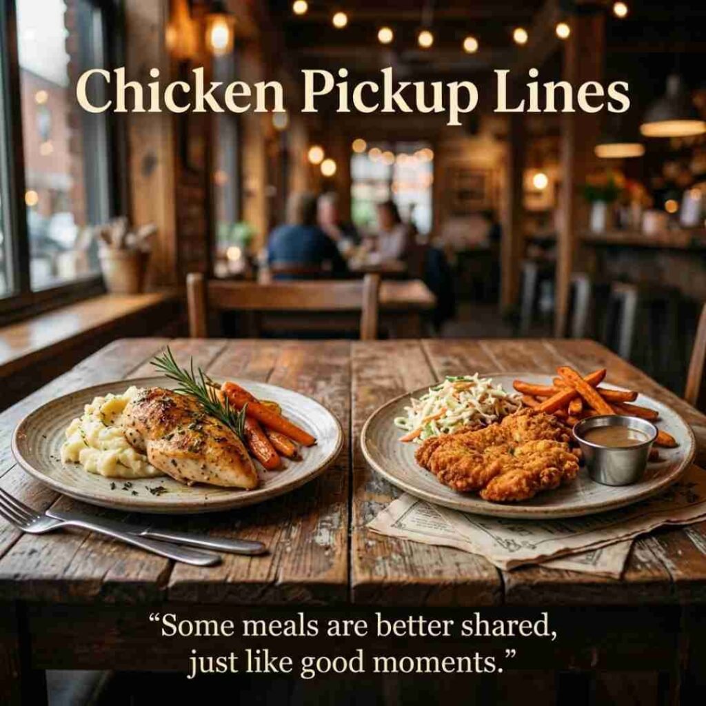 Chicken Pickup Lines displayed with crispy chicken strips and warm restaurant lighting.