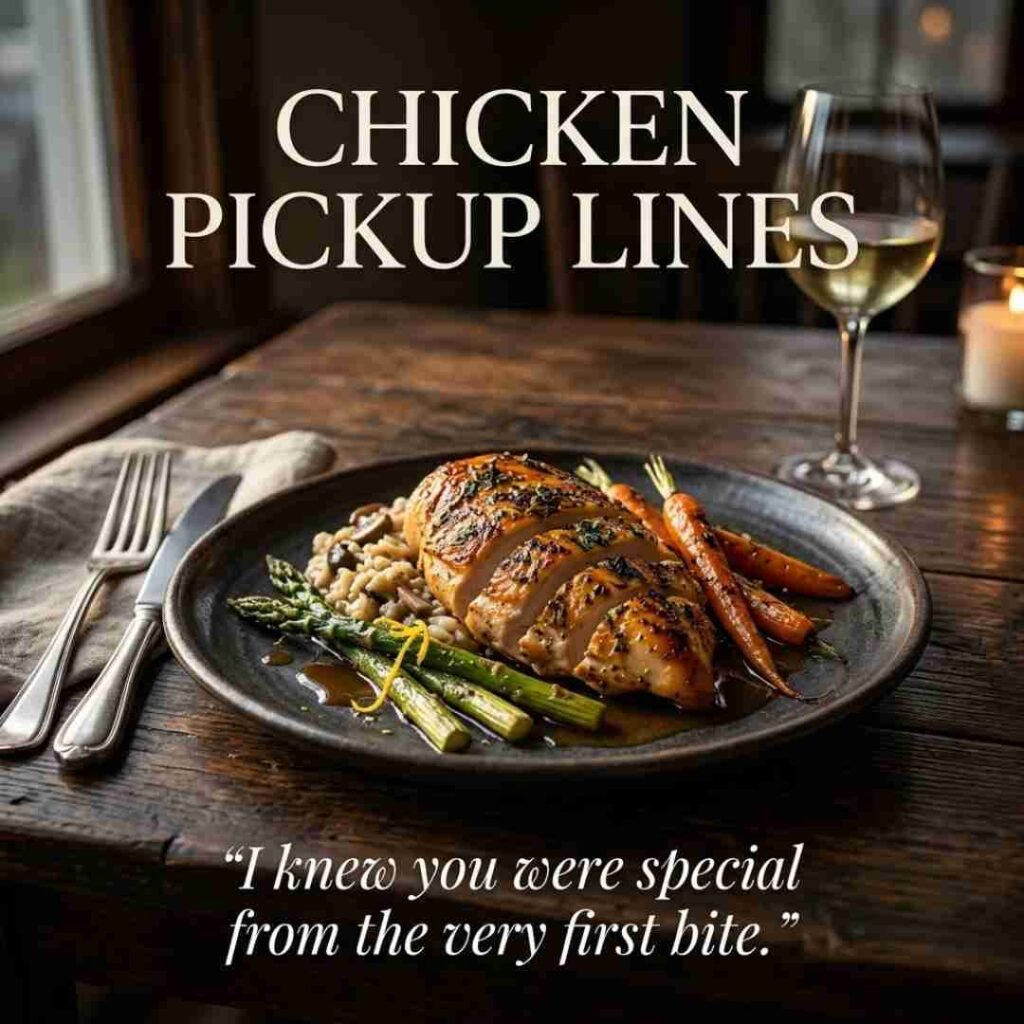 Cute chicken meal scene with a punny quote and Chicken Pickup Lines integrated naturally.