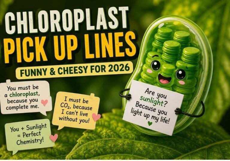 Chloroplast pickup lines funny and cheesy for 2026 featuring cute cartoon chloroplast characters with science-themed romantic jokes and biology humor.