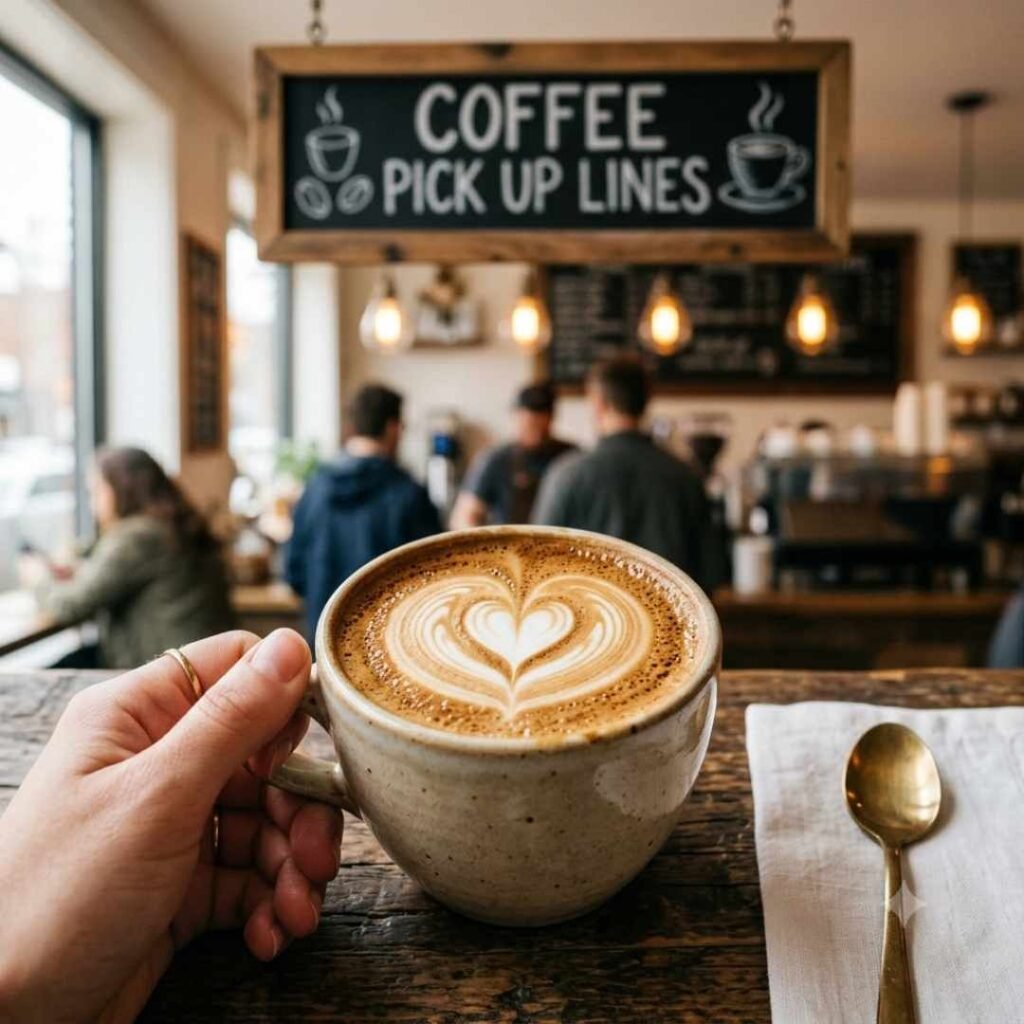 Coffee pick up lines featured with heart latte art on a wooden table