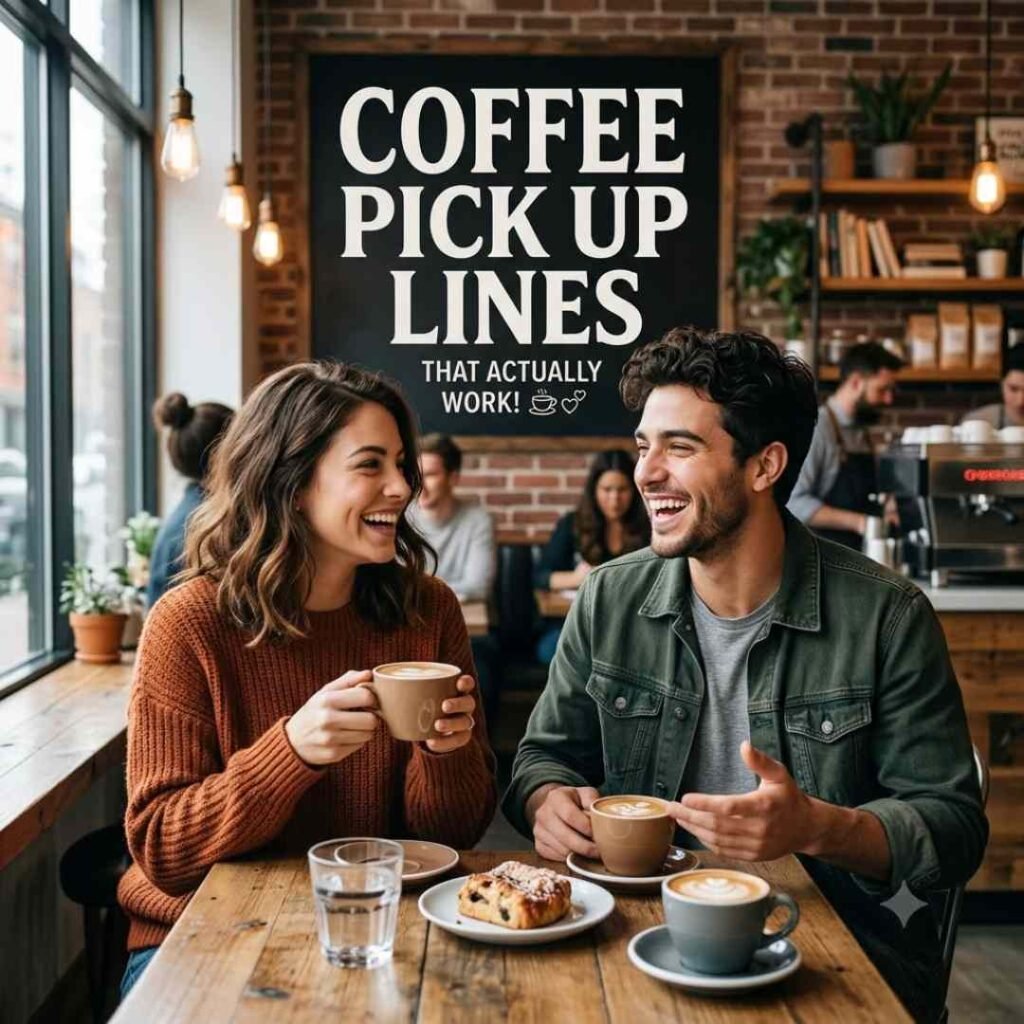 Vintage wooden coffee pick up lines sign hanging in a rustic bookshop cafe