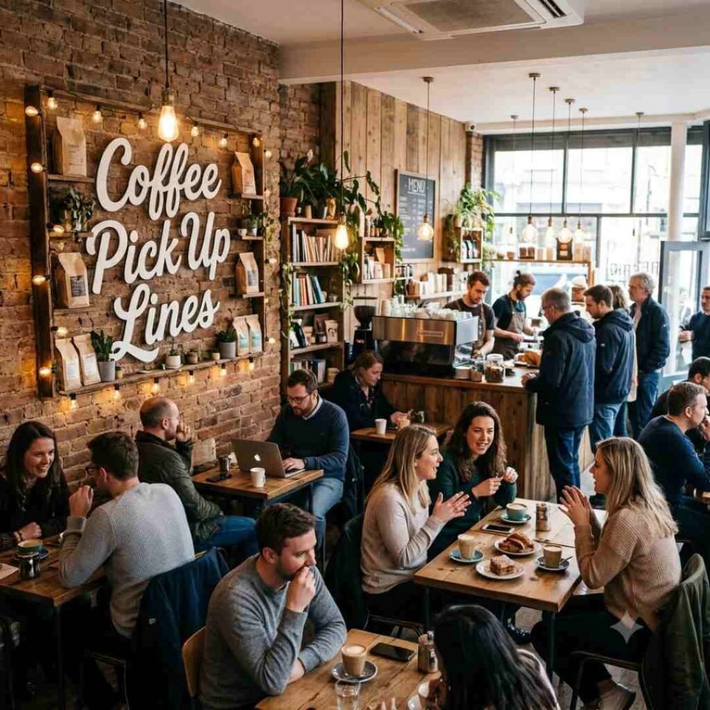 Coffee pick up lines sign displayed on brick wall in a busy coffee shop